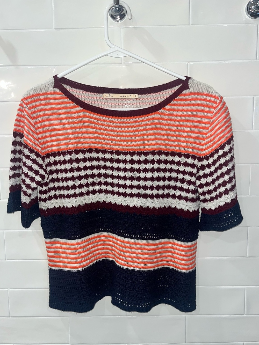 Maria Filo Lightweight Short Sleeve Knit Sweater Striped Sz S Striped Scalloped